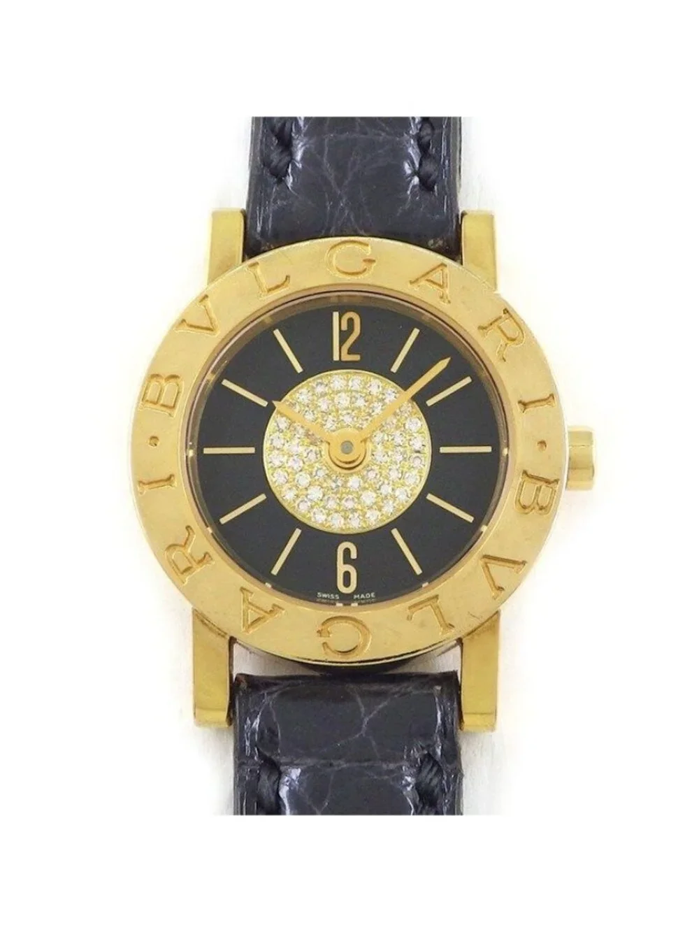 Bvlgari Watch Black Dial Leather Strap Pave Diamond 18k Yellow Gold SS Quartz